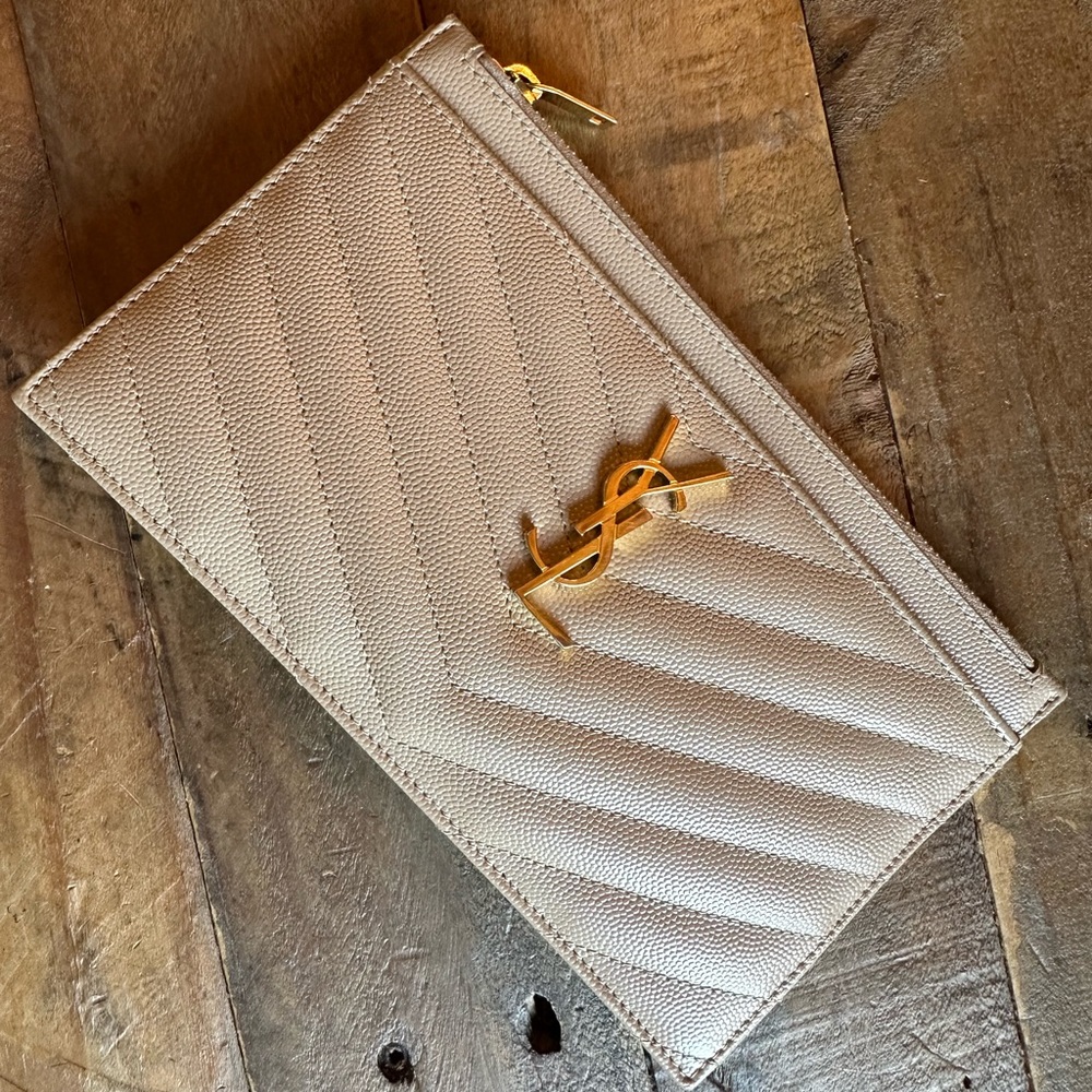 Saint Laurent Monogramme Quilted Leather Zip Pouch in Dark Beige